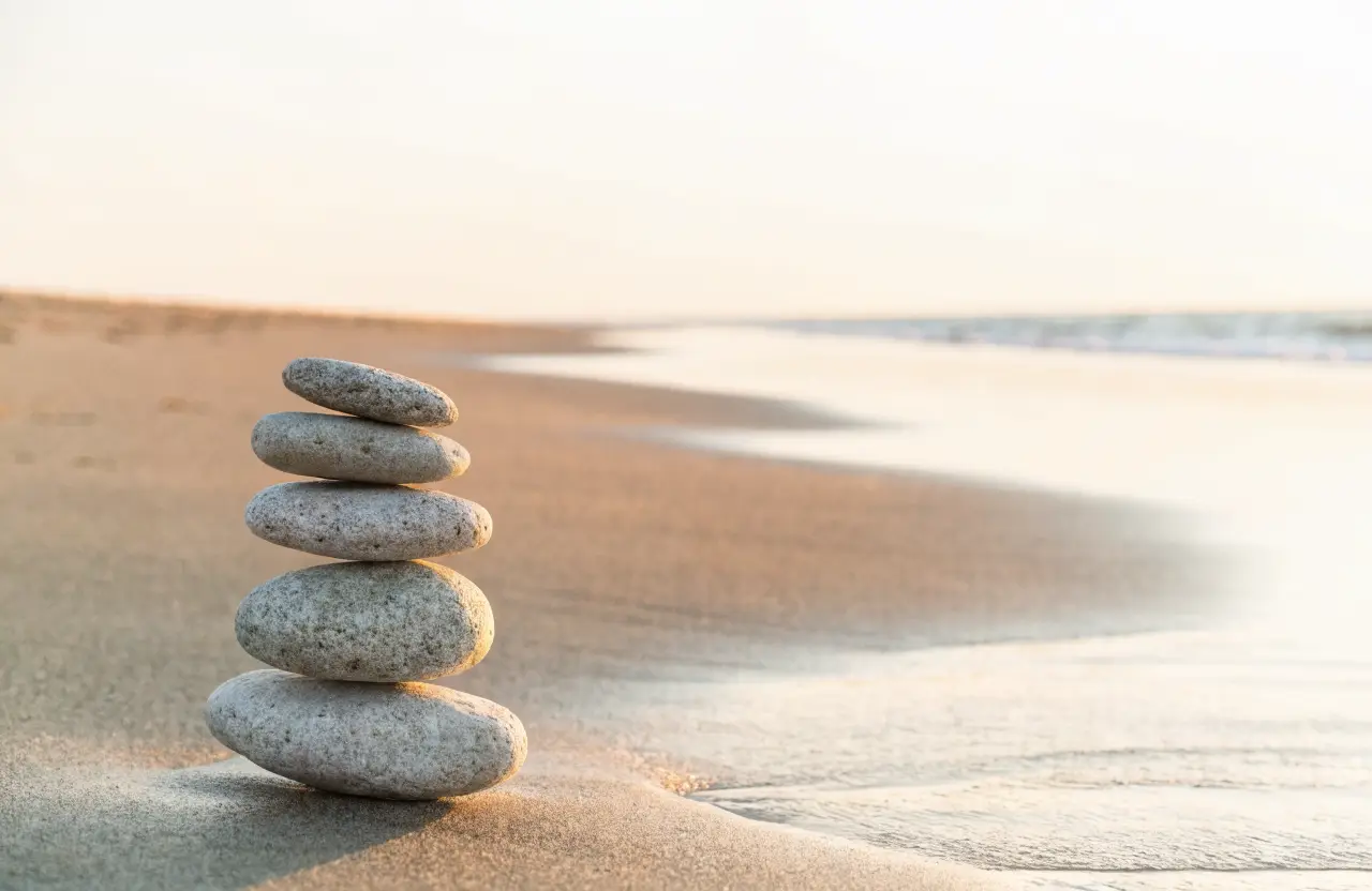 A small cairn of sea-smoothed stones stacked on wet sand at golden hour